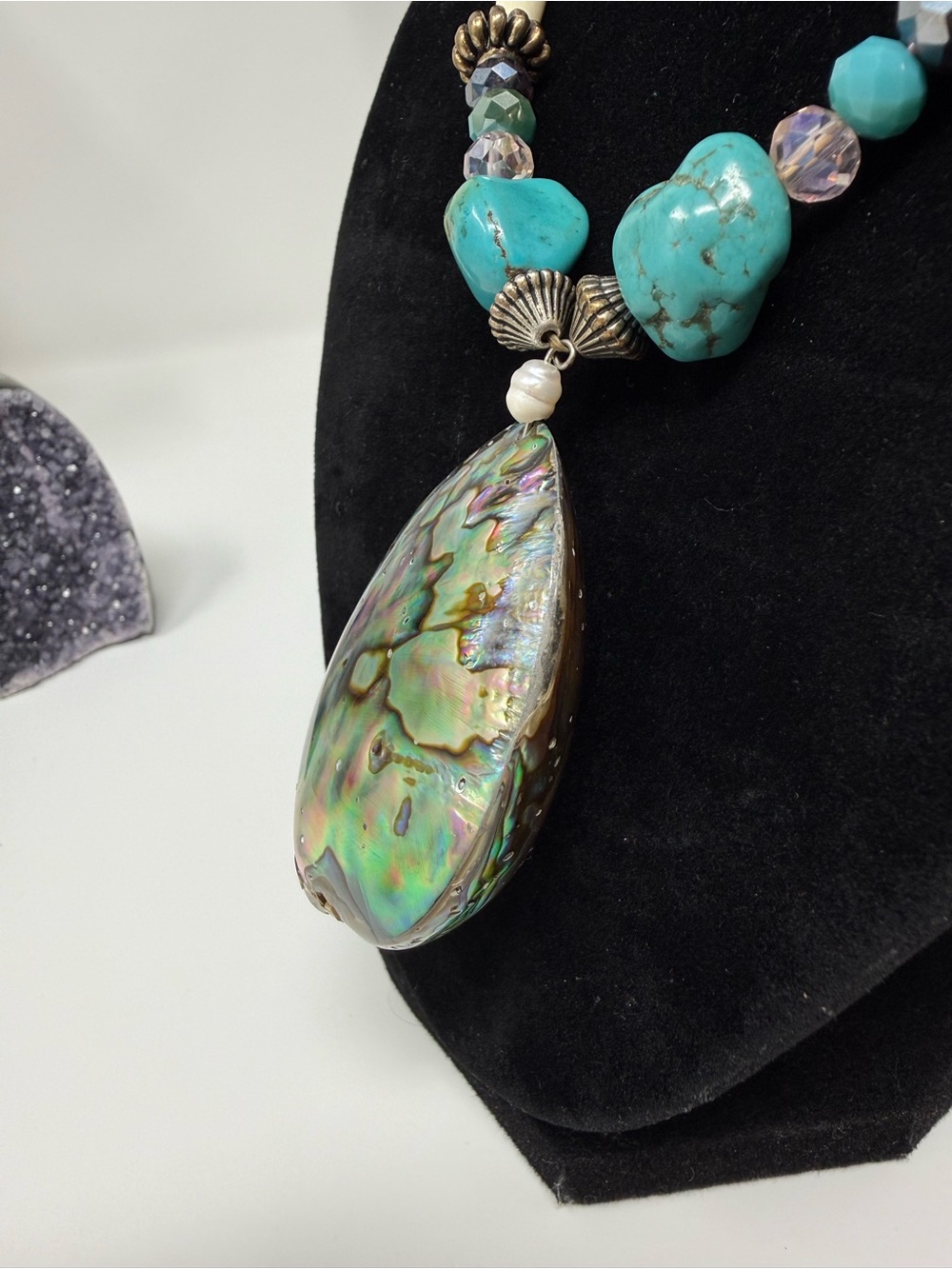 Native Made Abalone Bone & Turquoise Necklace - Picture 2 of 6
